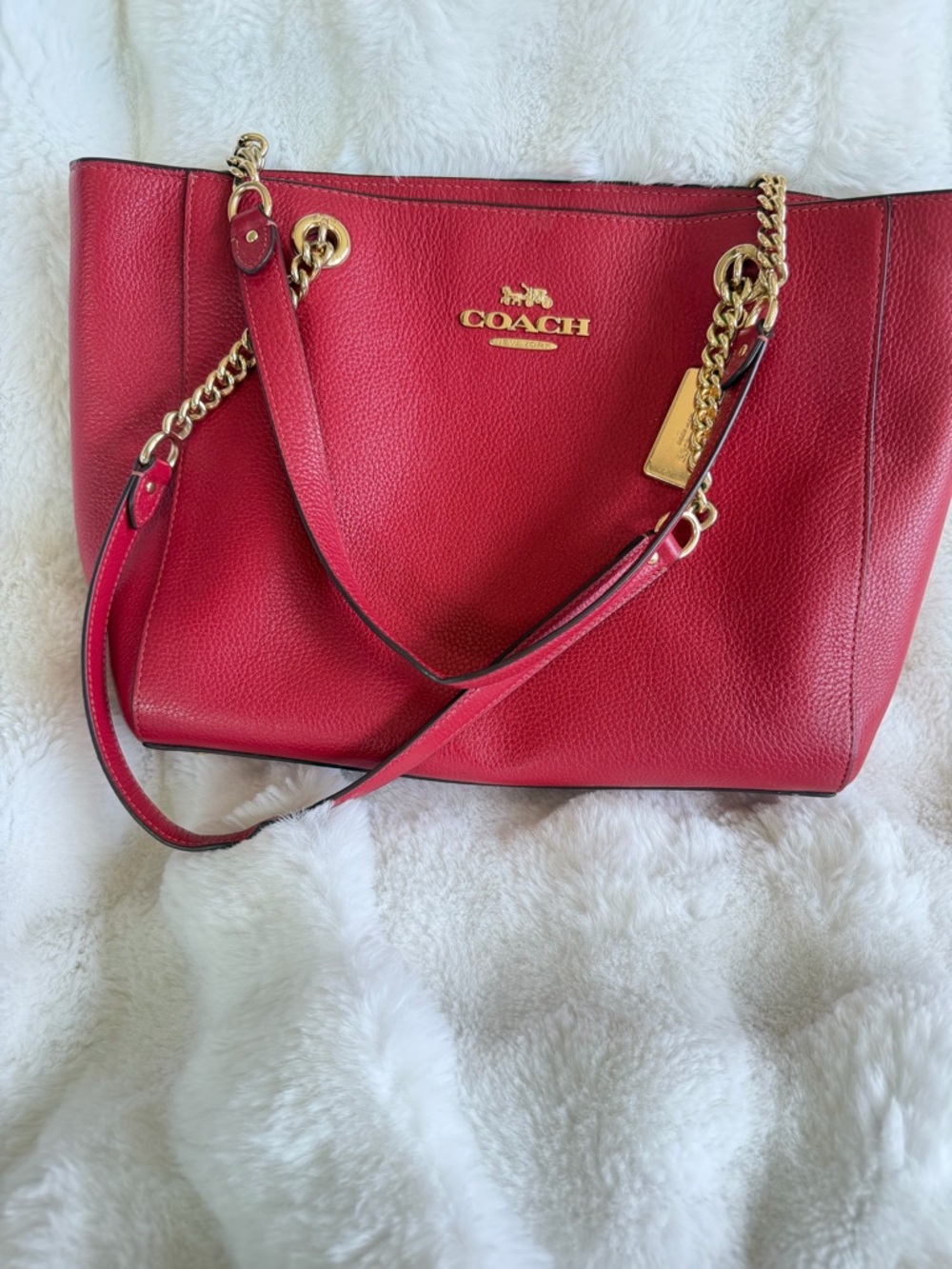 Coach Red Pebbled Leather Chain Strap Tote